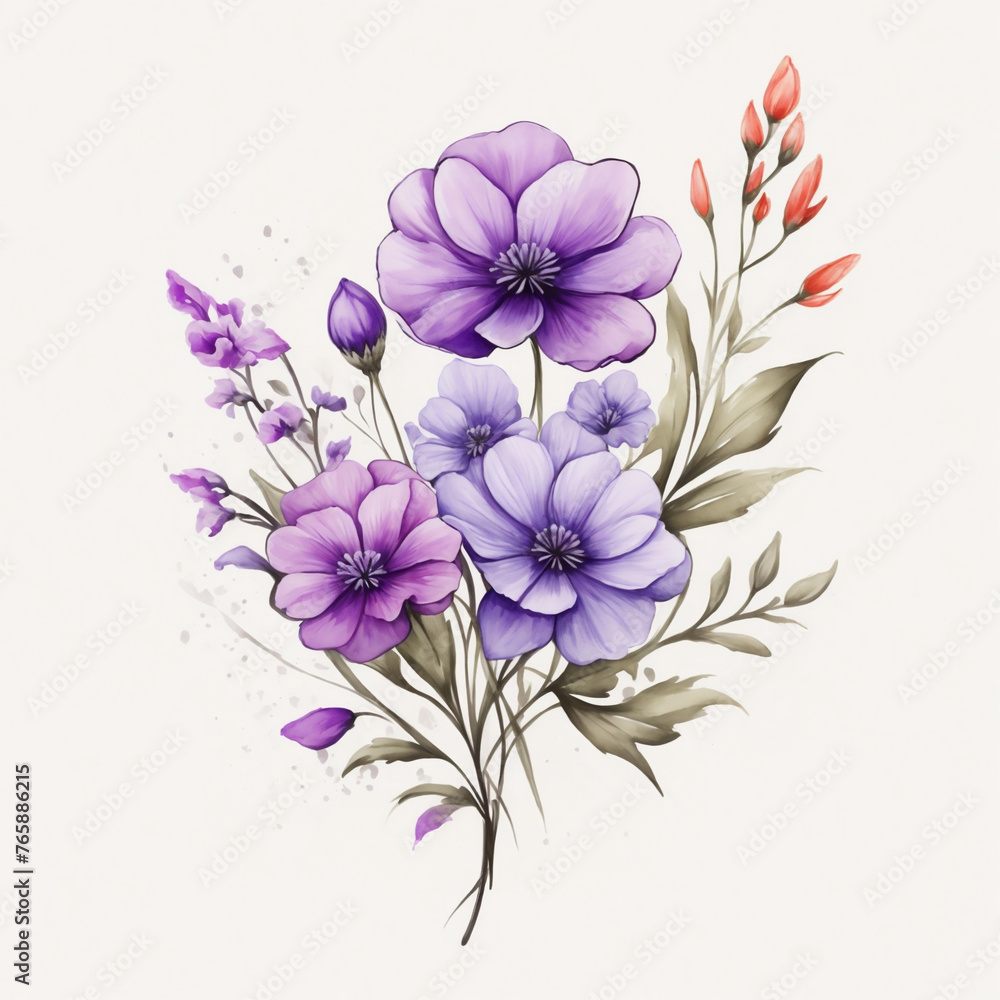 A cluster of delicate flowers, featuring shades of purple, white, and a hint of pink, emerges gracefully A cluster of delicate flowers, featuring shades of purple, white, and a hint of pink, emerges gracefully