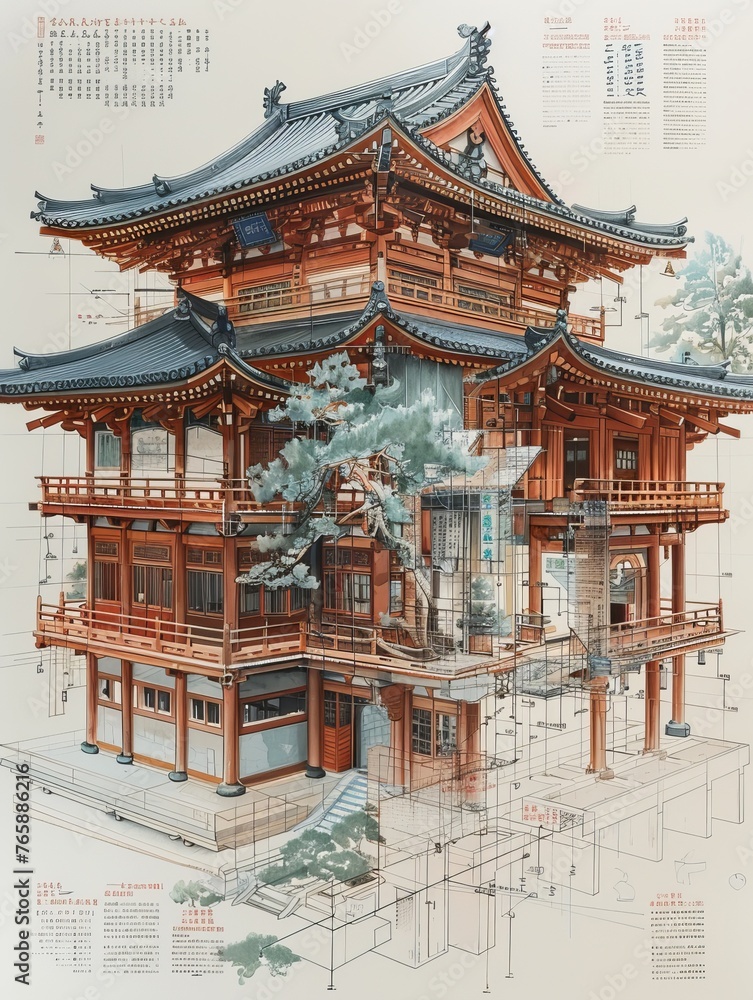Fototapeta premium Intricate Architectural Blueprint of Asian Pagoda Building