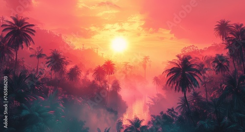 Sunrise Over Tropical Rainforest with Misty Atmosphere