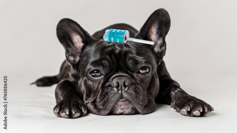 A French Bulldog lies on the floor with a syringe in front, wearing a blue ice pack on its head.