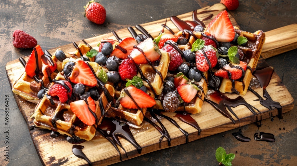  a waffle topped with strawberries, blueberries, raspberries, and chocolate drizzled.
