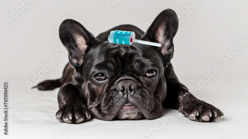 A French Bulldog lies on the floor with a syringe in front  wearing a blue ice pack on its head.