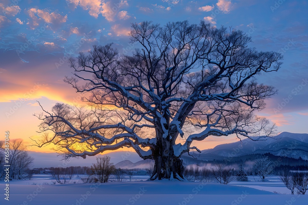 Winter daybreak scenery of Harunire tree at Toyokoro town in Hokkaido prefecture, Japan Winter daybreak scenery of Harunire tree at Toyokoro town in Hokkaido prefecture, Japan