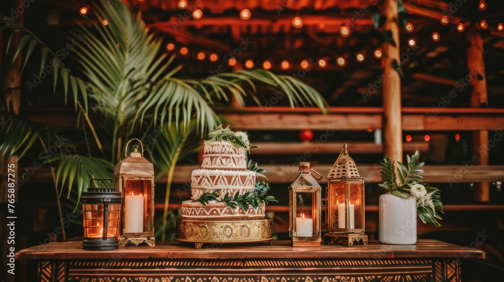 a wedding cake sitting on top of a table next to a couple of lit candles and a potted plant. a wedding cake sitting on top of a table next to a couple of lit candles and a potted plant.