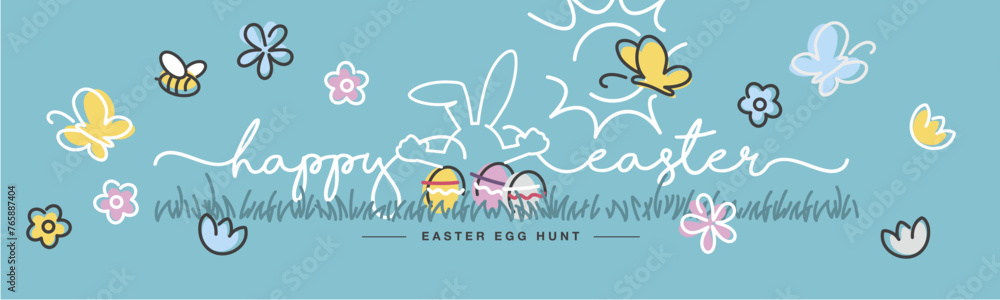 Easter egg hunt we wish you a holy and blessed Easter handwritten typography lettering art line design of Easter bunny, colorful eggs, flowers, butterflies in grass spring sea green background - obrazy, fototapety, plakaty 