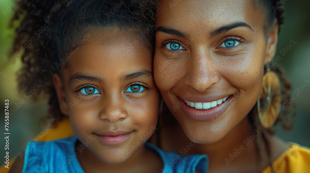 Family happiness concept. Smiling black woman with blue eyes with her daughter is outdoors. Selective focus. Copy space Family happiness concept. Smiling black woman with blue eyes with her daughter is outdoors. Selective focus. Copy space