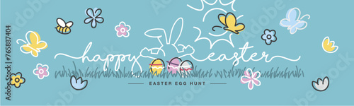 Easter egg hunt we wish you a holy and blessed Easter handwritten typography lettering art line design of Easter bunny  colorful eggs  flowers  butterflies in grass spring sea green background