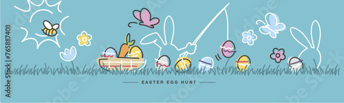 Easter egg hunt handwritten bunny fisherman, eggs, flowers, grass, butterflies, carrot, egg basket and bee on sea green background drawing in line design