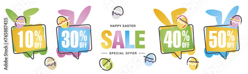 Spring Easter Sale special offer 10 30 40 50 percent off colorful eggs and Easter bunny negative space discount numbers stickers on white background © simbos