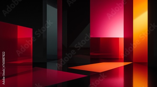 Abstract geometric background  empty room with neon light