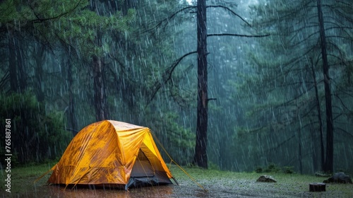 Camping tent in the rain in the pine forest