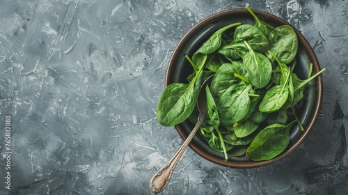  a bowl of spinach leaves with a wooden spoon on a gray surface with a spoon resting on one of the spinach leaves.