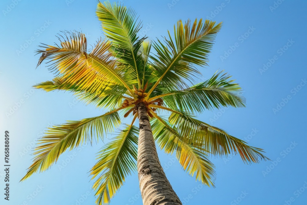 A single palm tree standing tall against a clear blue sky