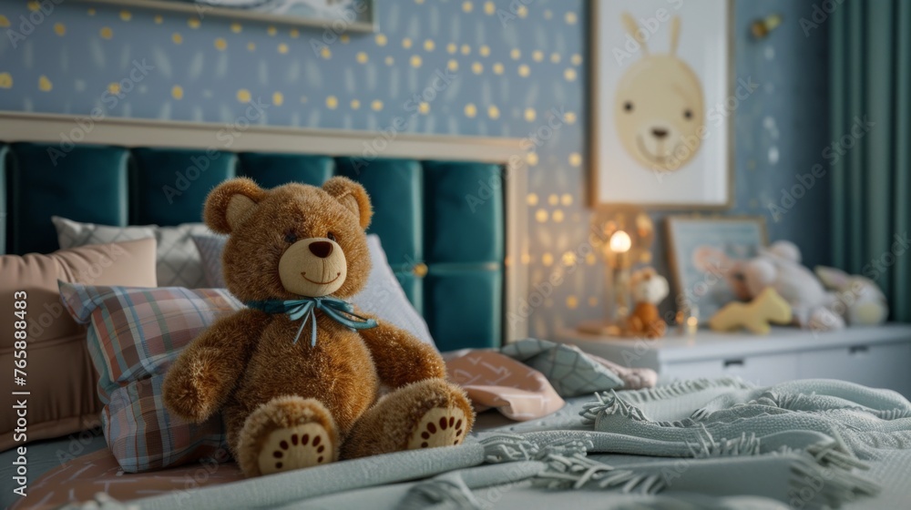 Teddy bear sitting on children's bed - obrazy, fototapety, plakaty 