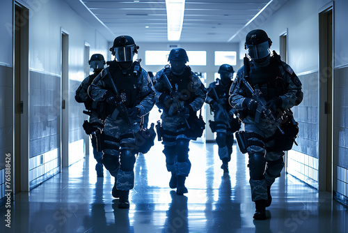 SWAT team members with guns in classroom to Protect and Serve to train for responding to school shootings. © Анастасия Гайкова