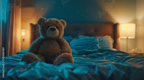 Teddy bear sitting on children's bed