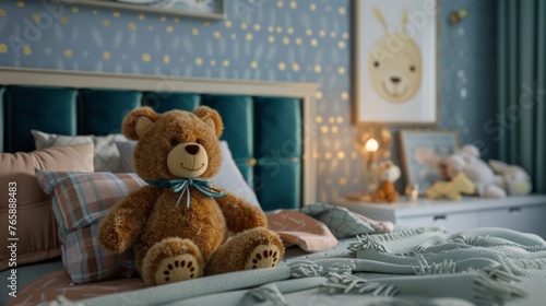 Teddy bear sitting on children's bed