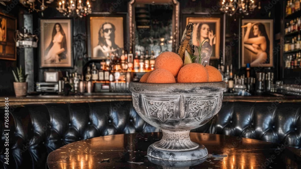 a bowl of oranges sitting on top of a table in front of a bar with pictures on the wall. a bowl of oranges sitting on top of a table in front of a bar with pictures on the wall.