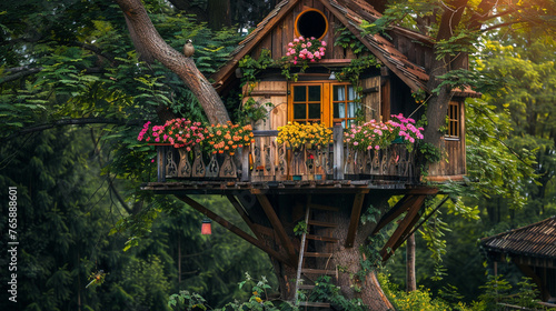 A cozy tree house adorned with colorful flowers and vines, hosting a family of birds chirping happily from the balcony. photo