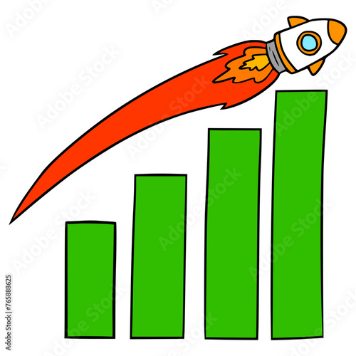 growth or increase graph icon with rocket illustration hand drawn isolated vector	