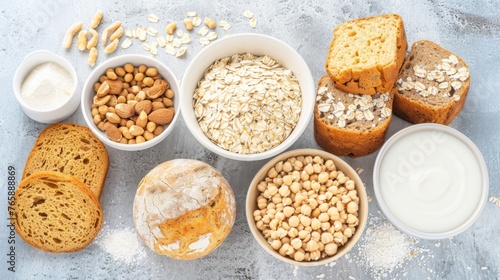  a variety of cereals, bread, milk, and other foodstuffs laid out on a gray surface.