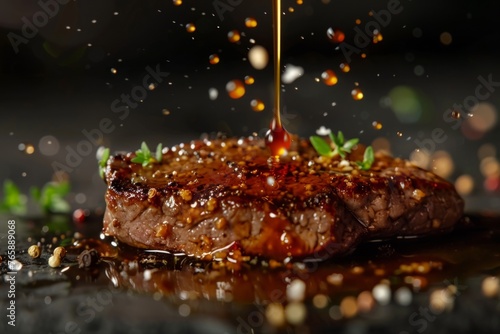 Grilled beef steak in Teriyaki sauce, delicious juicy beef steak with spices and sauce close-up on a board on a dark background