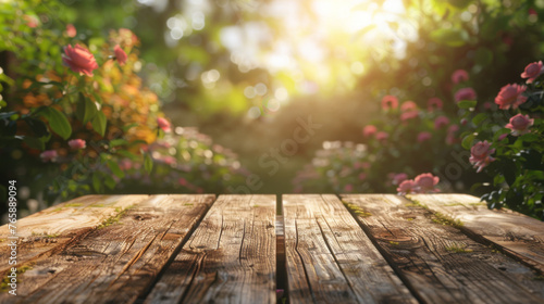 A rustic wooden table foregrounds a blur of colorful garden flowers bathed in sunlight.