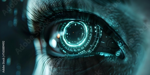 Enhanced Reality and Artificial Intelligence: Closeup of a Digital Eye Implant Illustrating Future Information Processing. Concept Future Technology, Enhanced Reality, Artificial Intelligence