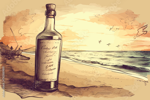 Message in bottle. Hand drawn illustration. Sea background.