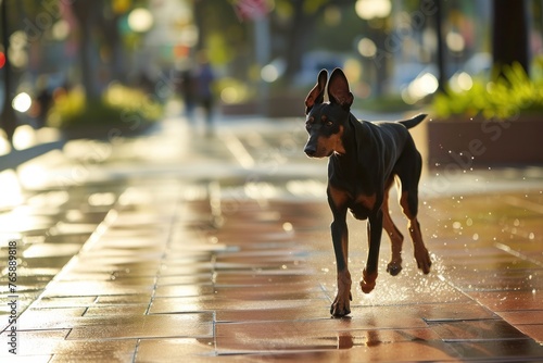 A Doberman trotting gracefully along a city sidewalk, its glossy coat shimmering in the urban sunlight, Copy Space.