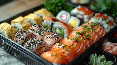 Up close realistic photo of a japanese bento box. the background is a white tablecloth, generated with AI