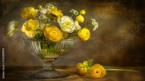  a painting of yellow and white flowers in a glass vase on a table with other yellow and white flowers in the background.