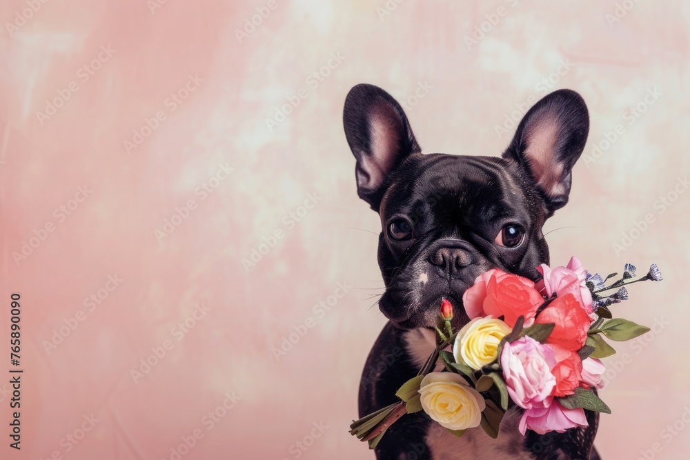 A French Bulldog posing with a bouquet of flowers in its mouth, as if presenting a gift to its beloved owner, Copy Space.