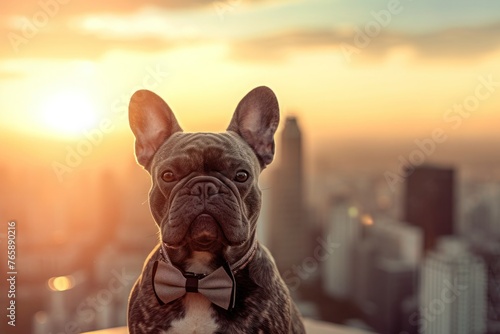 A French Bulldog sporting a stylish bowtie, posing confidently in front of a city skyline at sunset, Copy Space. photo