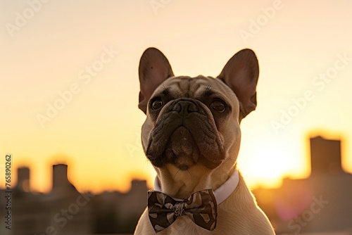 A French Bulldog sporting a stylish bowtie, posing confidently in front of a city skyline at sunset, Copy Space. photo