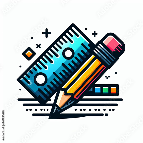 Ruler and Pencil Icon on white background, Blue and Yellow, Engineering Design Illustration photo