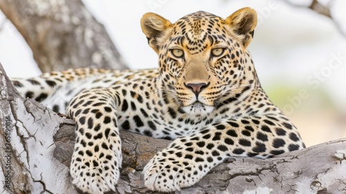  a close up of a leopard laying on a tree branch with its eyes closed and one paw resting on the branch of a tree.