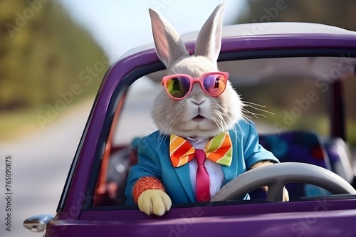 Playful Bunny in Car Sharing Colored Easter Egg Magic © Sun