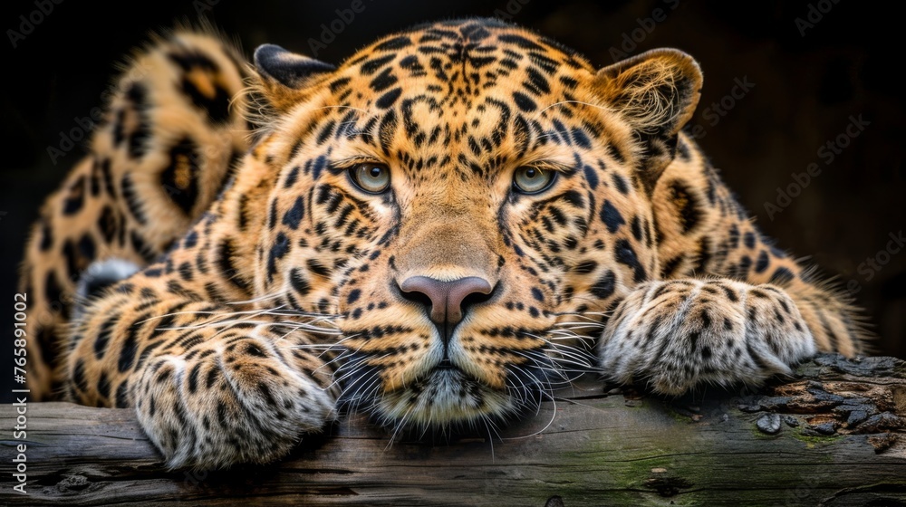 a close up of a leopard laying on a tree branch with it's paws on it's face. a close up of a leopard laying on a tree branch with it's paws on it's face.