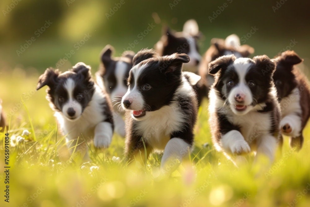 A group of Border Collie puppies frolicking joyfully in a sunlit meadow, their fluffy coats bouncing with each exuberant leap as they explore their surroundings,