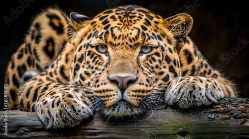  a close up of a leopard laying on a tree branch with it s paws on it s face.