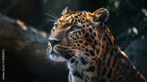  a close - up of a leopard's face, with a blurry background of trees and rocks in the foreground.