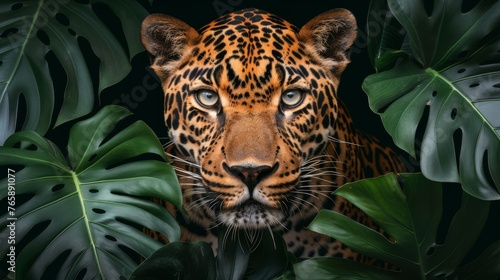  a close - up of a leopard s face in front of a jungle background with large  green leaves.