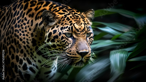  a close - up of a leopard s face with a plant in the foreground and a black background.