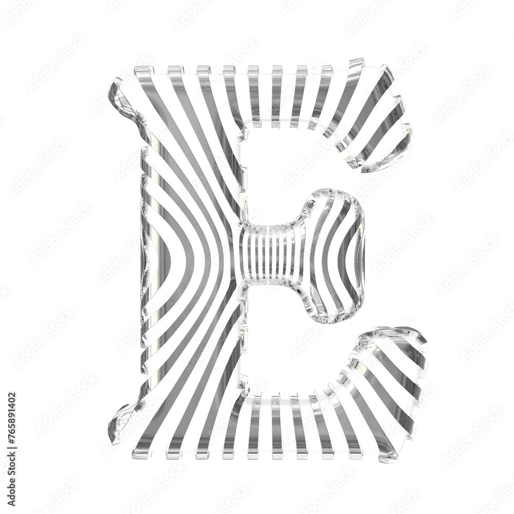 White symbol with silver vertical ultra-thin straps. letter e White symbol with silver vertical ultra-thin straps. letter e