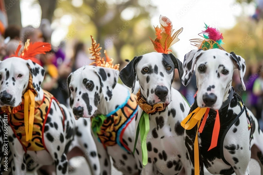 Dalmatian dogs strut down street in a parade event Dalmatian dogs strut down street in a parade event