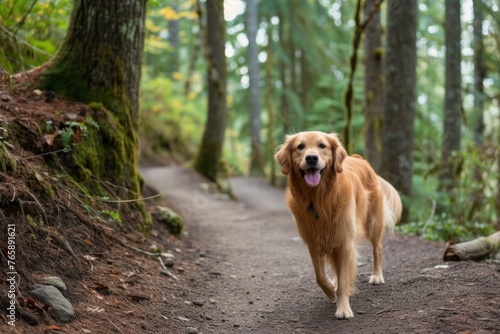 A happy Golden Retriever enjoying a scenic hike along a winding forest trail, its tail wagging with excitement, Copy Space.