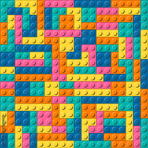 Seamless pattern with plastic construction blocks different colours toy art background print design decor 