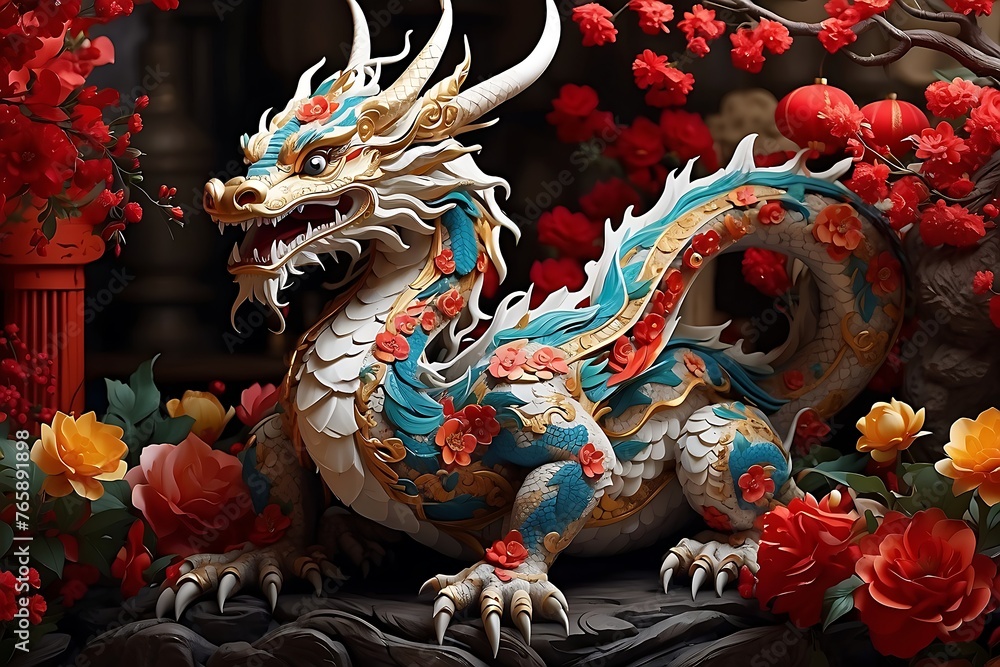 The chinese dragon stands tall with typical Chinese ornaments, Chinese New Year, made from paper art, made with AI Generative The chinese dragon stands tall with typical Chinese ornaments, Chinese New Year, made from paper art, made with AI Generative