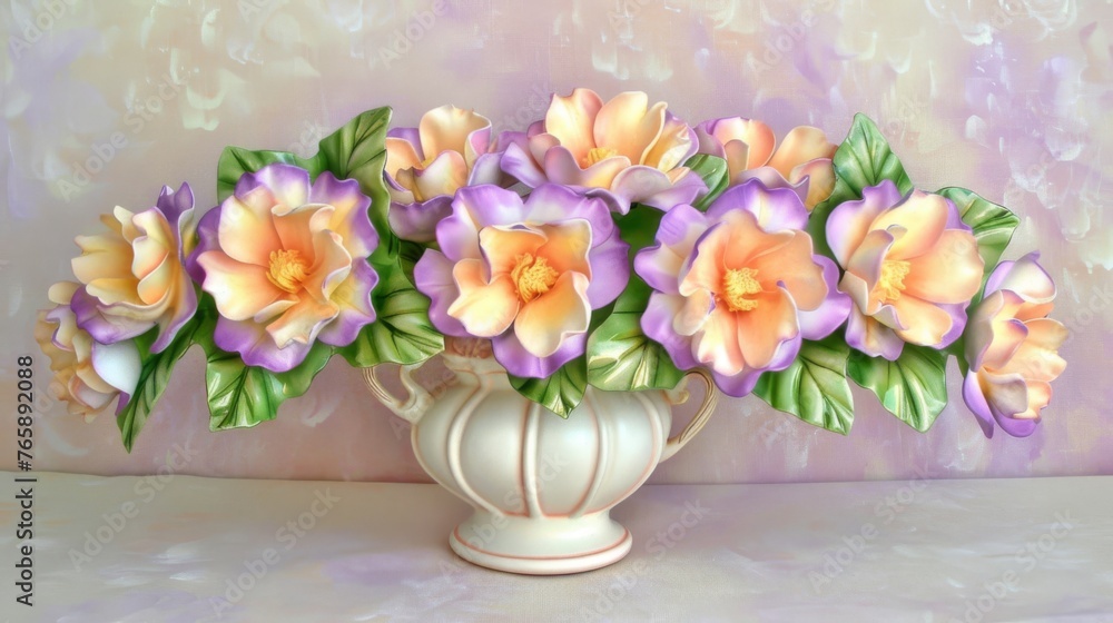  a painting of a white vase filled with pink and yellow flowers on a purple and white wallpapered background.